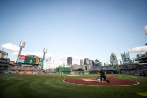 The Pittsburgh Pirates warm up between innings at PNC Park on game day.